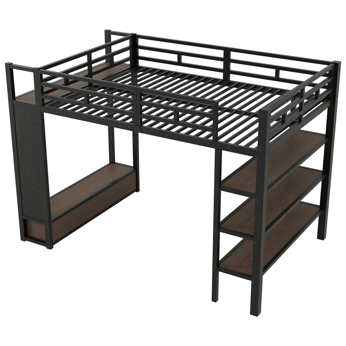 HOCHBETT 140/200 cm in Schwarz mit Kleiderschrank, Schubladen, Lochwand und LED - Schwarz, Holzwerkstoff/Metall (140/200cm) - STILVORA
