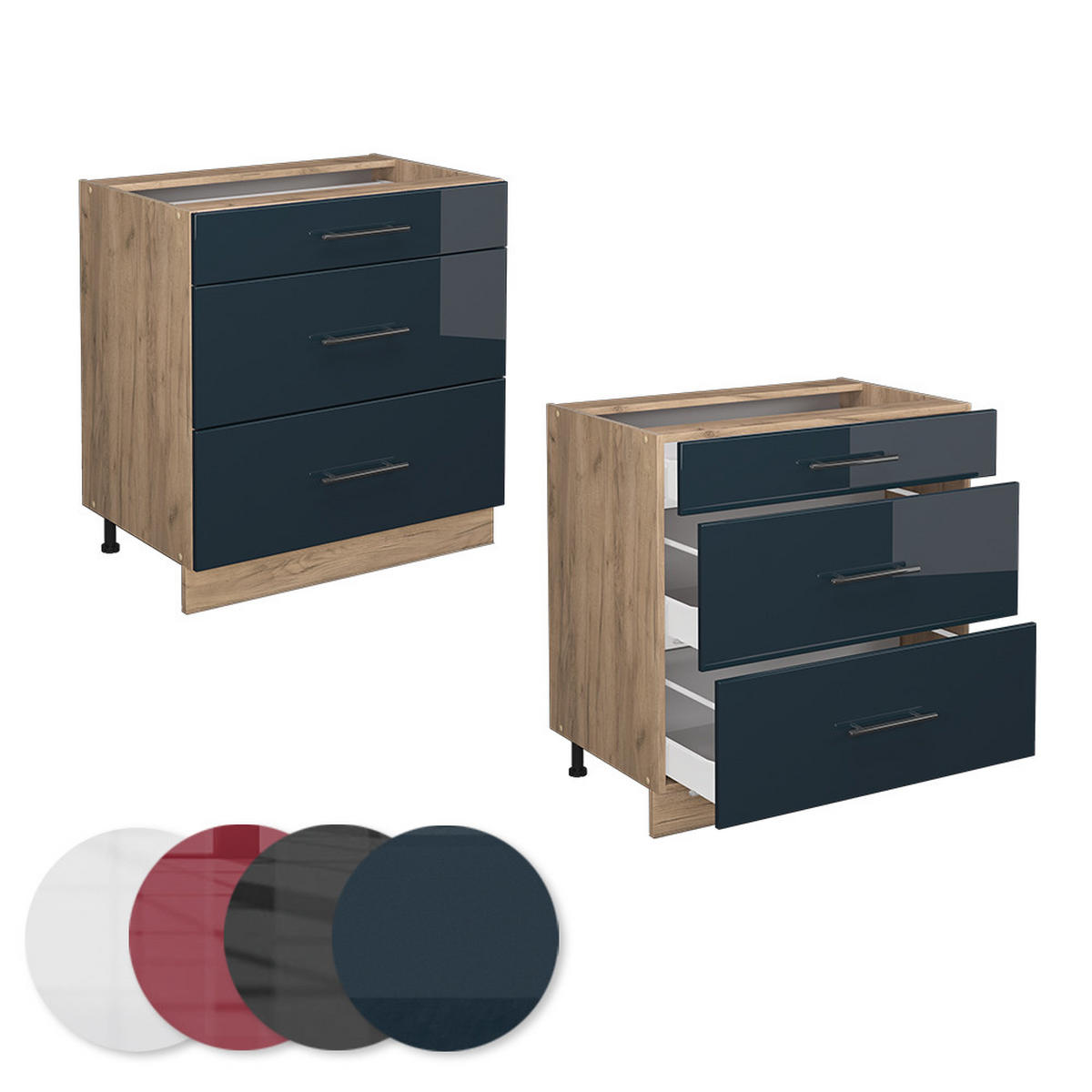 KÜCHENUNTERSCHRANK Fame-Line Dunkelblau Hochglanz 80 cm mit 3 Schubladen AP Anthrazit - Eiche Wotan/Dunkelblau, Holzwerkstoff (80/82/60cm) - Vicco