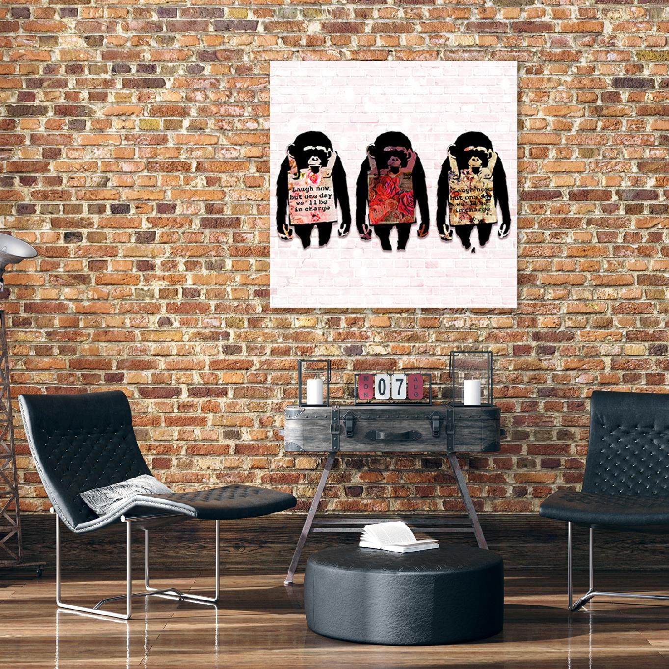 WANDBILD banksy lachen die affen - Orange, Textil (50/50cm) - Feeby