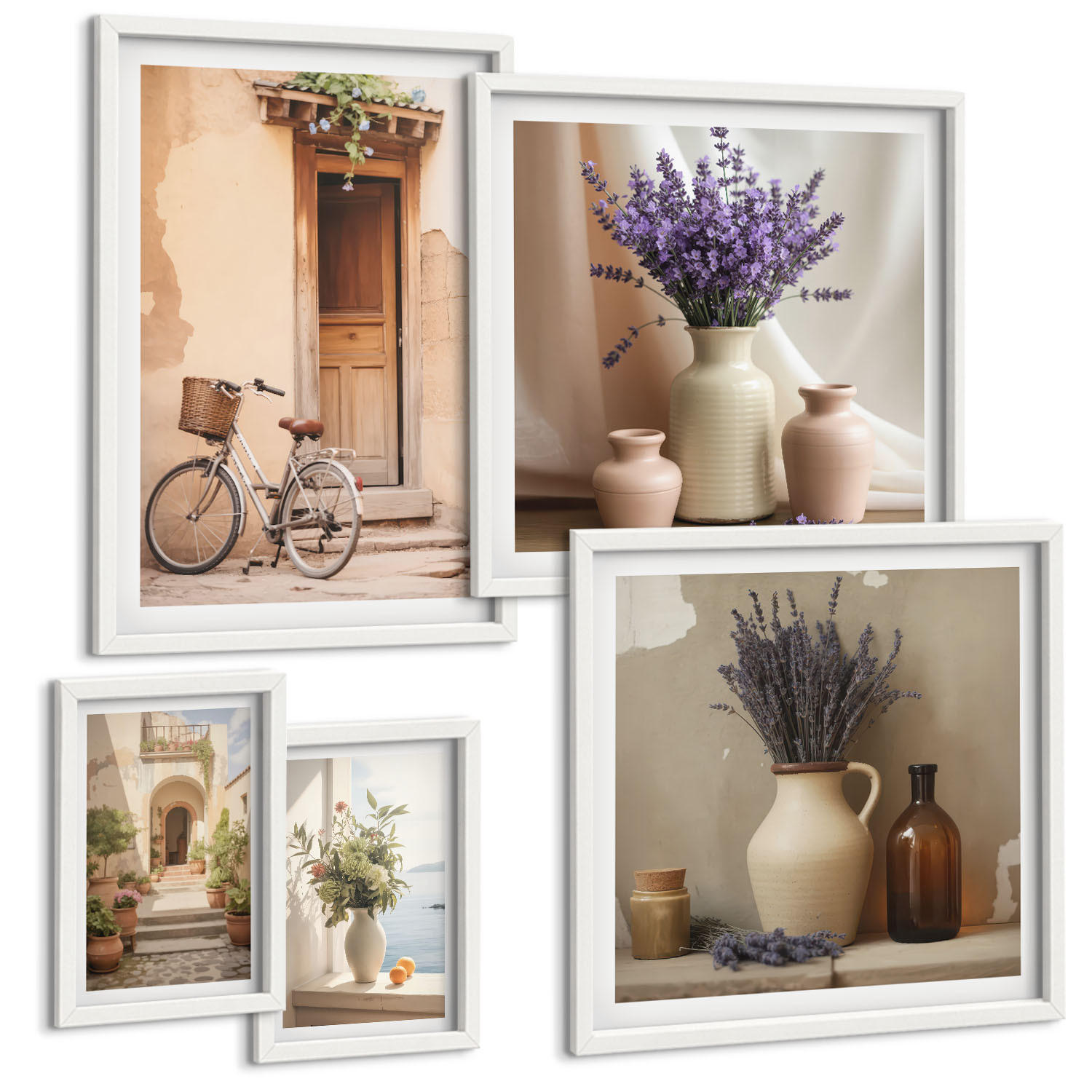 BILDER SET 5er Set - 50x50 cm & 20x30 cm & 40x60 cm Weißer Rahmen - Friedliche Zen-Blumen-Buddha-Komposition - Weiß, Kunststoff (40/60cm) - TULUP