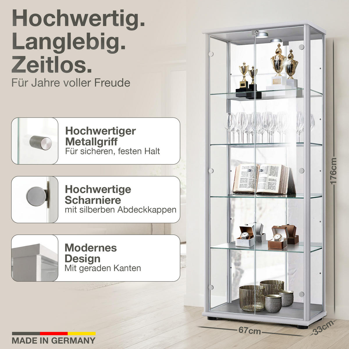 VITRINE 33/67/176 cm mit Spiegel, LED, Schloss & 4 höhenverstellbaren Glasböden - Transparent/Silberfarben, Glas/Holzwerkstoff (67/176/33cm) - K-Möbel