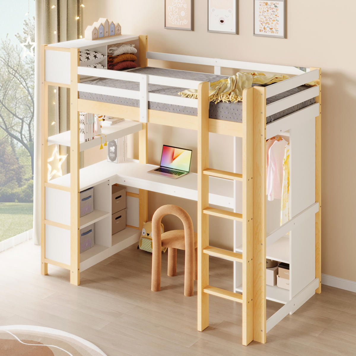VISOKA postelja 90/200 cm bela/naravna z mizo, policami in omaro iz bora in MDF - naravne barve, leseni material (90/200cm) - OKWISH