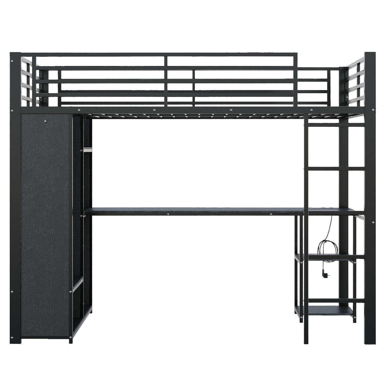 HOCHBETT 90/200 cm Schwarz mit LED-Lichtleiste, Schreibtisch und Offener Kleiderschrank - Schwarz, Metall (90/200cm) - Oxeza