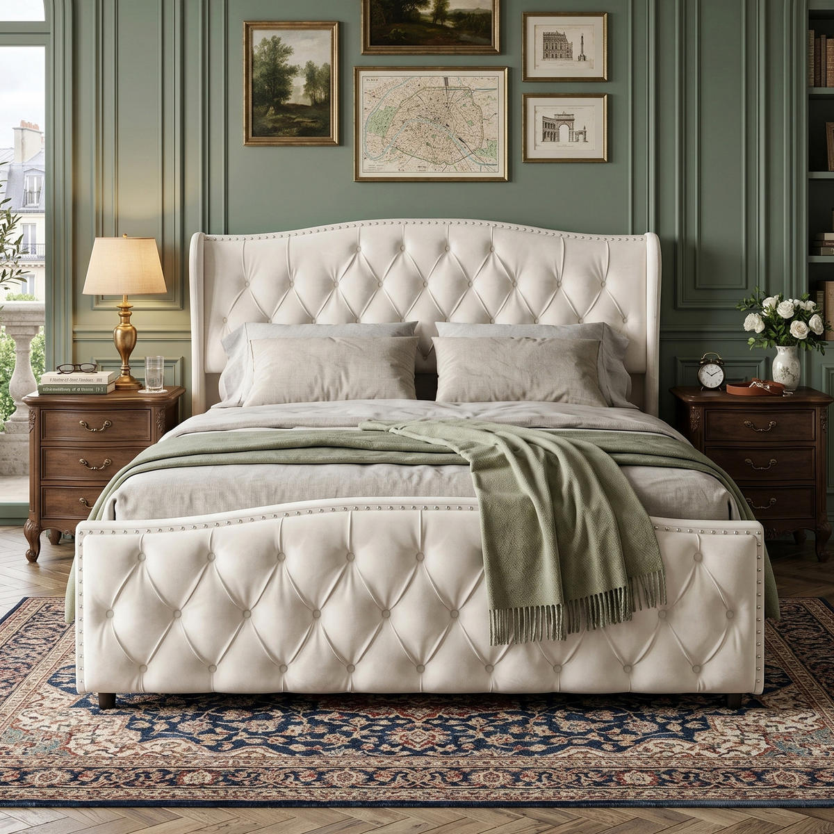 POLSTERBETT Wave-Design 140/200 cm mit Bettkasten & Nietendekor Samtstoff Beige - Beige, Textil (140/200cm) - Creahappy