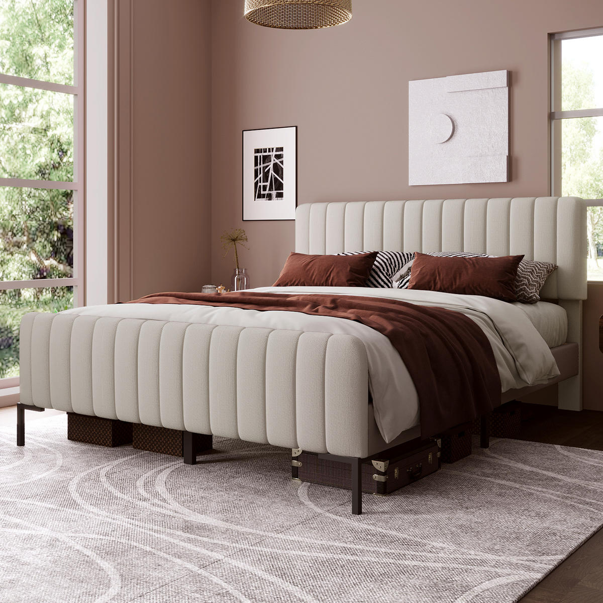 POLSTERBETT aus Leinen 180x200 cm Grau-Beige mit verstellbarem Kopfteil und Lattenrost - Beige, Textil (180/200cm) - IVMEU