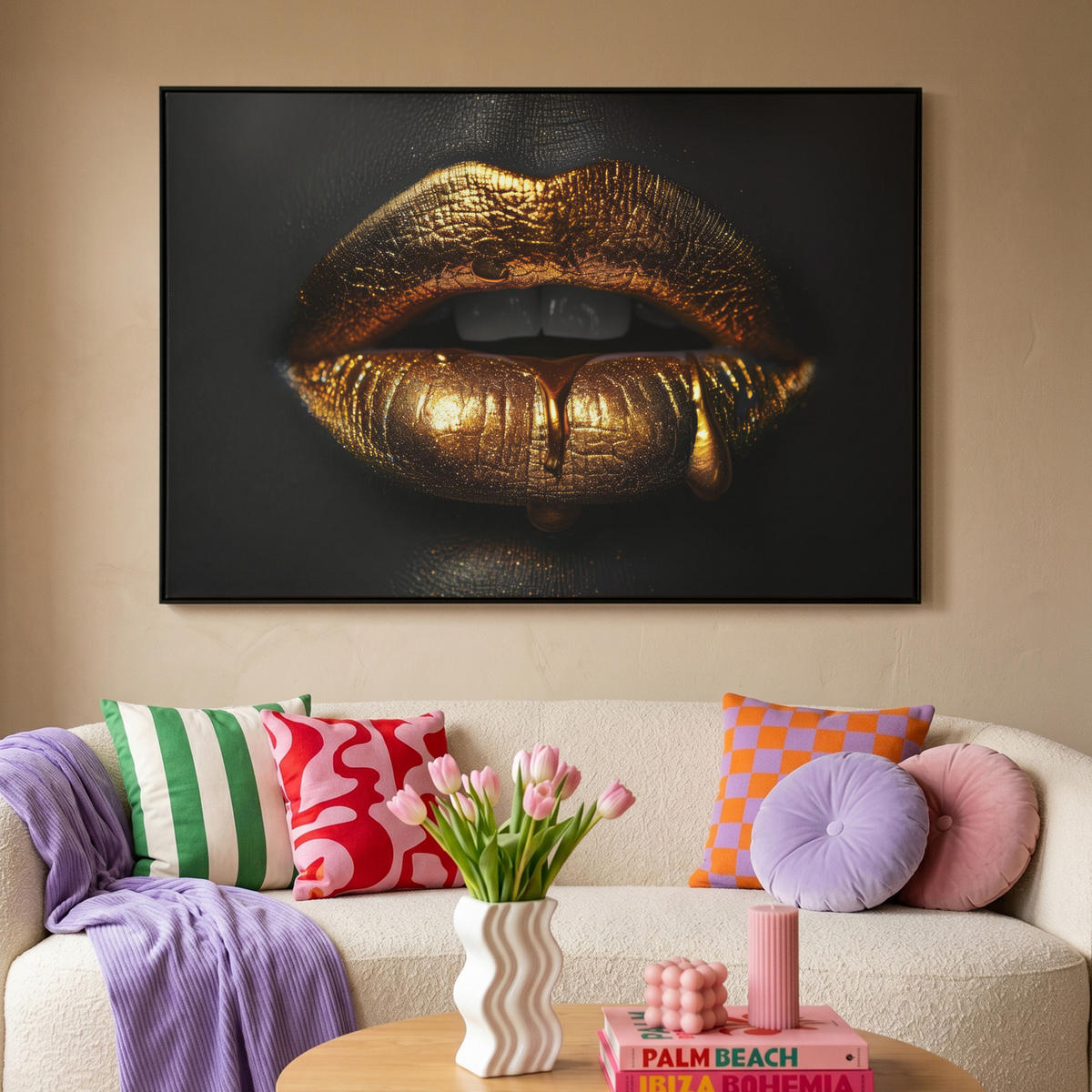 LEINWAND Bilder mit Rahmen - Frau - Porträt - Lippen - Gold - Schwarz - 120x80 - Schwarz, Textil (120/80cm) - MuchoWow