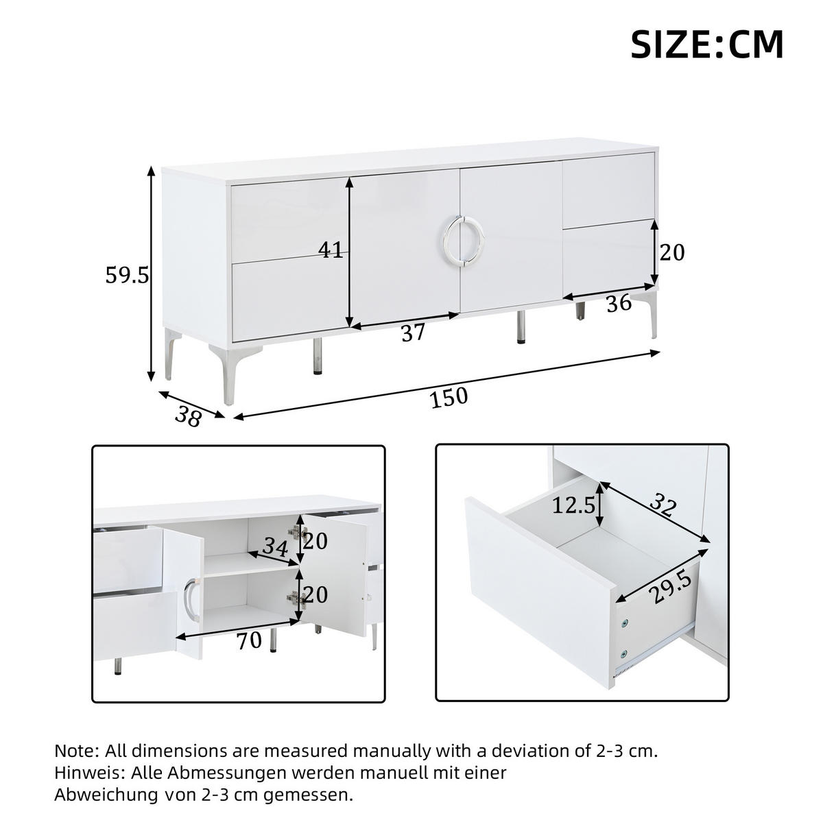 BOČNÍ skříň 150/38/59,5 cm bílá z MDF s vysokým leskem a 4 zásuvkami - bílá, kompozitní dřevo (150/59.5/38cm) - OKWISH