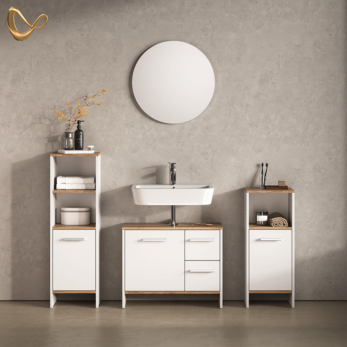 WASCHBECKENUNTERSCHRANK Amalfi Weiß/Goldkraft Eiche 70.2 x 57 cm mit 2 Schubladen und 1 Tür - Honigeiche/Weiß, Holzwerkstoff (70.2/57/27.9cm) - Livinity®