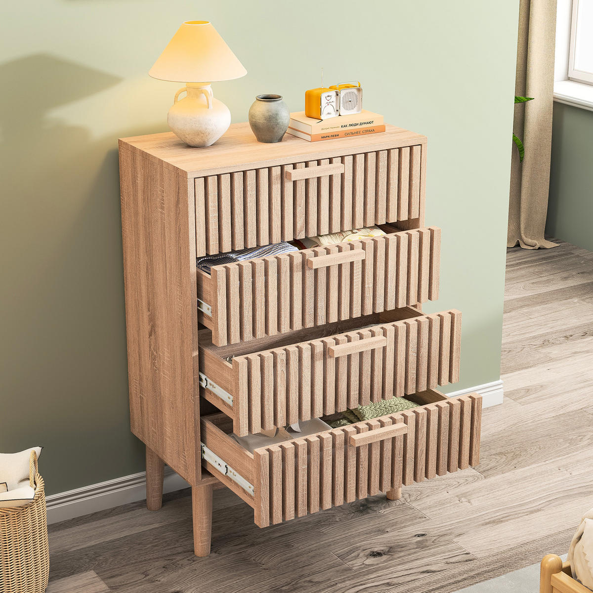 KOMMODE mit Rillenfront, 4 Schubladen Stauraum, Eiche hell, 34/60/91cm - Eichefarben, Holz (60/91/34cm) - Joyfair