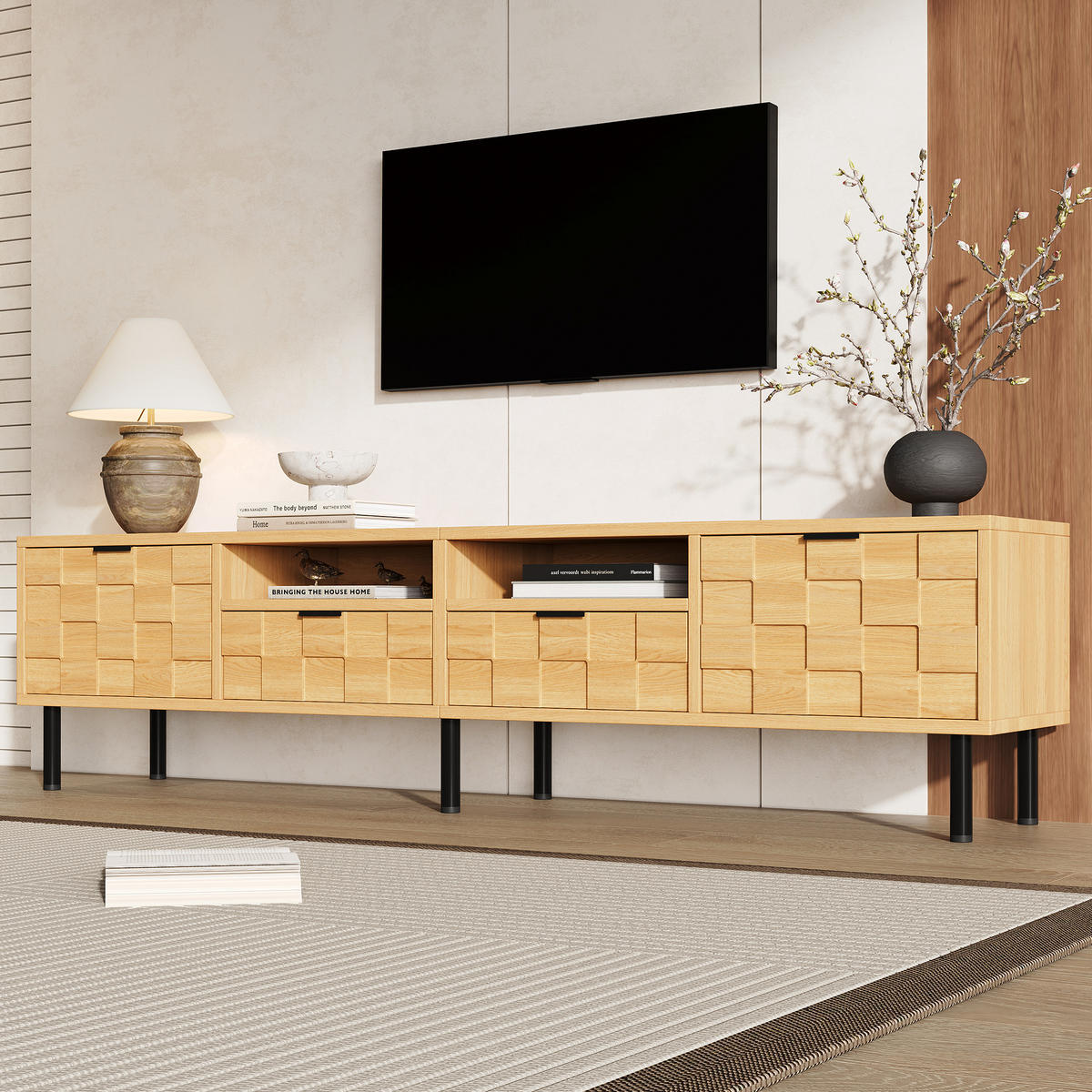 TV STOLEK v přírodní barvě se 2 zásuvkami a 2 otočnými dvířky do obývacího pokoje, 200×35×44,5 cm - přírodní/černá, kompozitní dřevo (200/44.5/35cm) - STILVORA