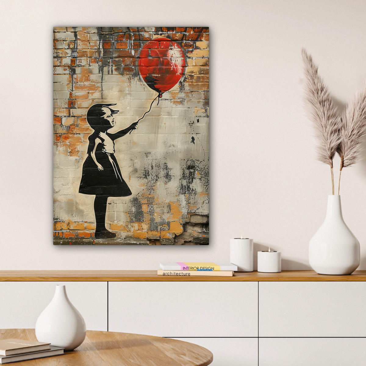 LEINWANDBILD Graffiti - Banksy - Mädchen - Straßenkunst Wandbild Wohnzimmer 60x80 cm - Sandfarben, Textil (60/80cm) - MuchoWow