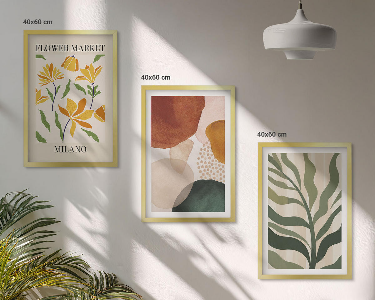 WANDBILDER 3er Set - 40x60 cm Goldrahmen - Florale abstrakte Formen - Goldfarben, Kunststoff (40/60cm) - ArtPrintCave