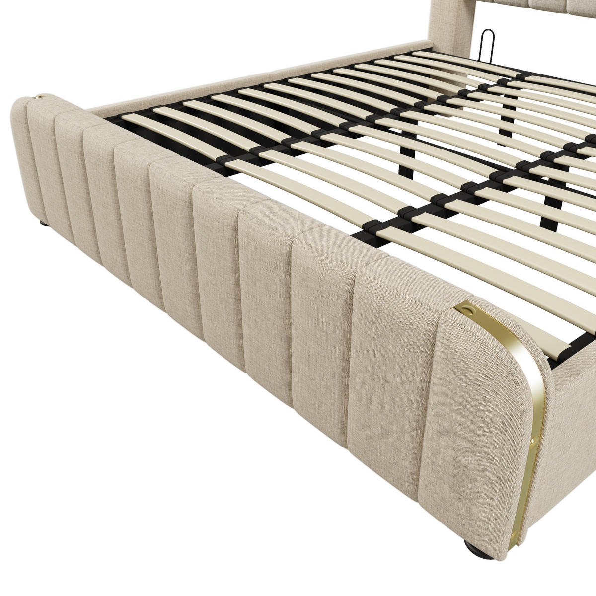 ČALOUNĚNÁ postel 180/200 cm béžová z lnu s USB-C, úložným prostorem a matrací - béžová, textil (180/200cm) - OKWISH