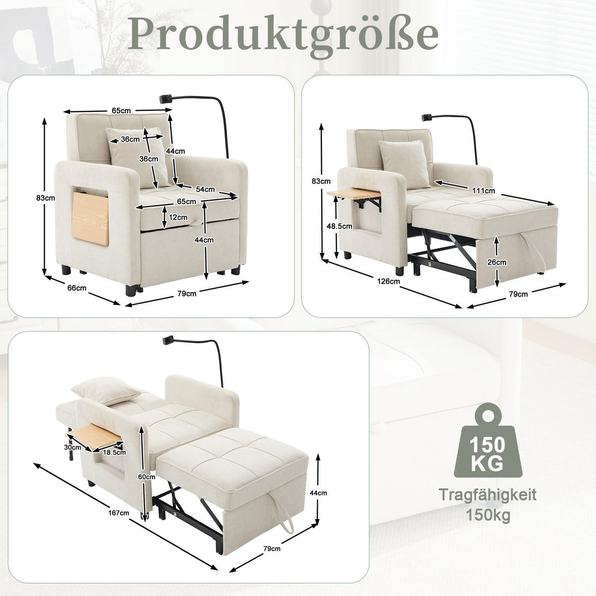 SOFA Chenille Beige mit Stauraum, Tablett und Kissen - Beige, Textil/Metall (79/83/167cm) - WISHDOR