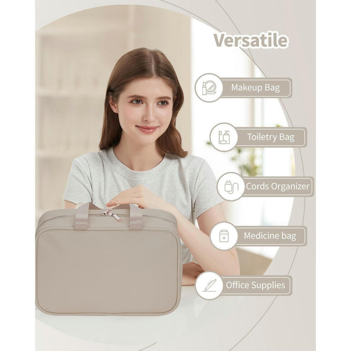 KULTURBEUTEL groß PU-Leder Braun 30 x 20 x 12 cm - Beige, Kunststoff (1/1/2cm)