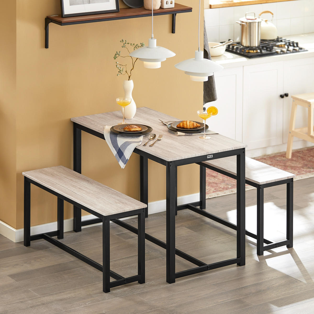 ESSTISCH + 2 x SITZBÄNKE - Naturfarben, Holzwerkstoff/Metall (110/74/58cm) - SoBuy