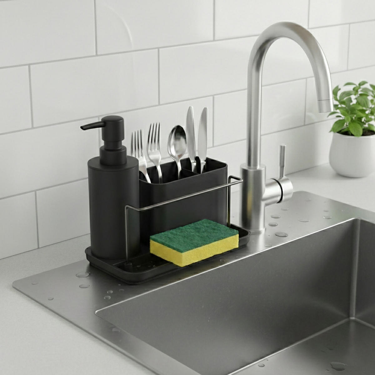 SPÜLBECKEN-ORGANIZER Set - Schwarz, Kunststoff/Metall (21/19/12cm) - Relaxdays