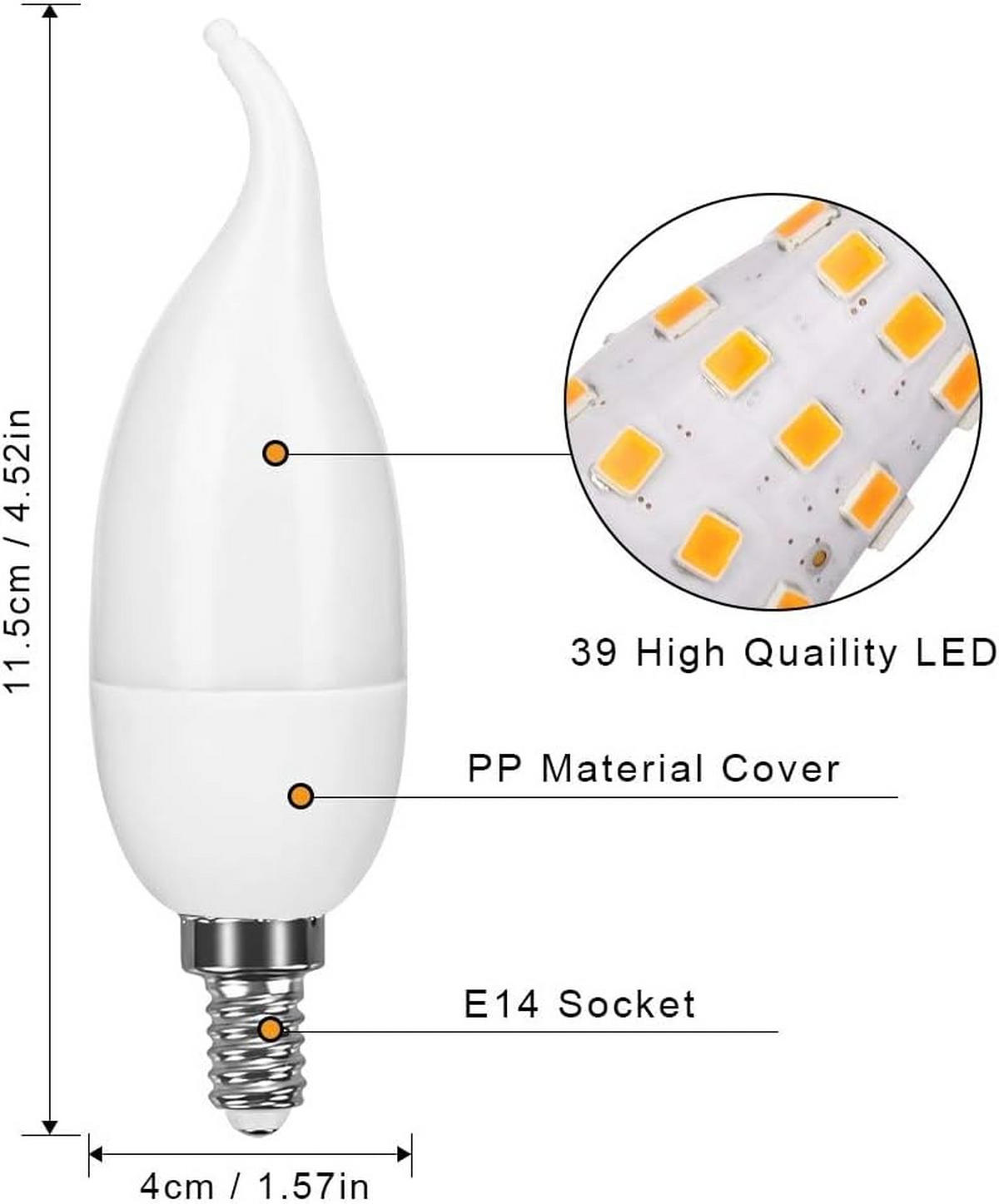 LED BULB 4er-Set E14 3 W Flammeneffekt flackernd für Halloween Weihnachten Hochzeit - Weiß, Metall (11.5/4cm)