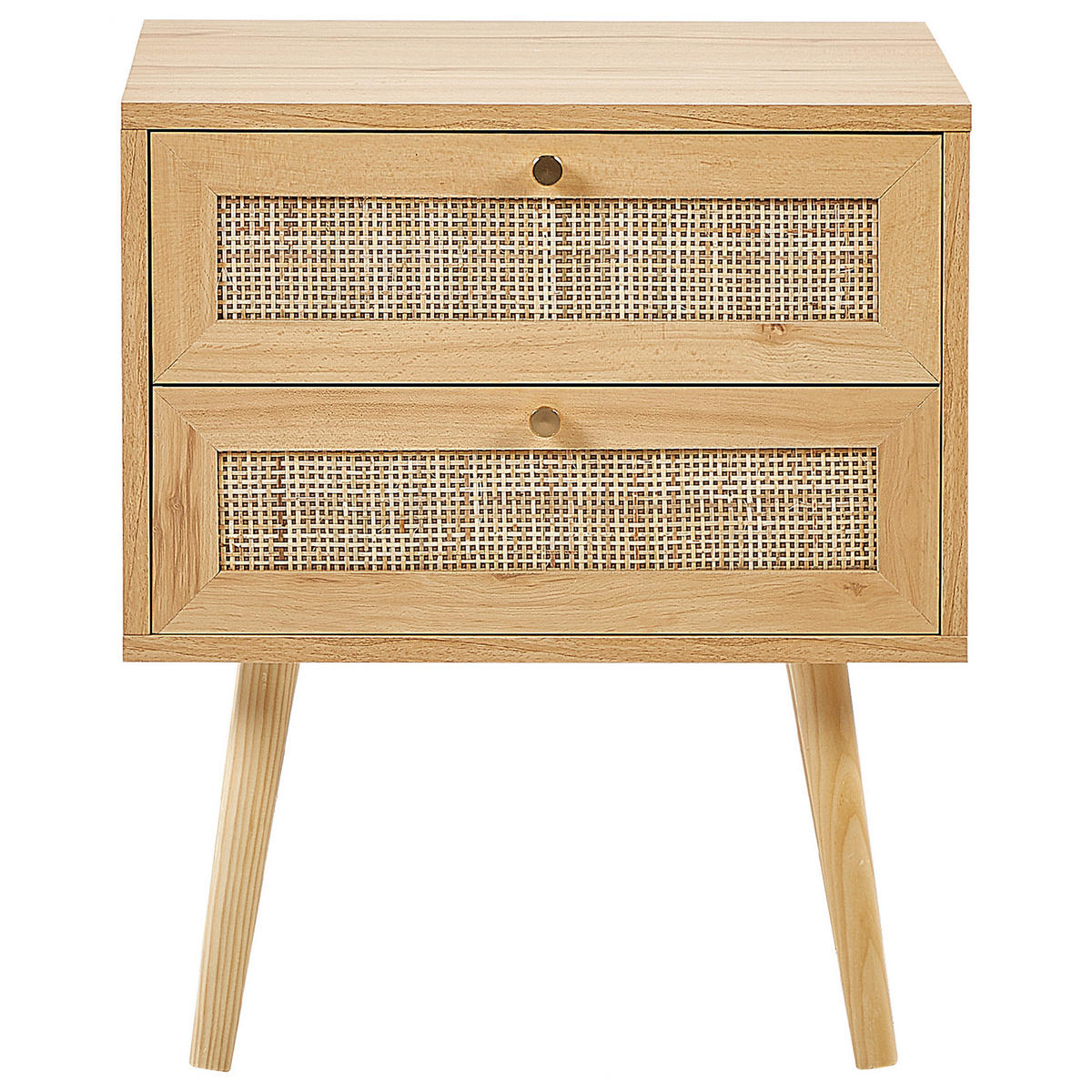 NACHTTISCH Rattan hellbraun 2 Schubladen Perote - Hellbraun/Goldfarben, Naturmaterialien (57/57/48cm) - Beliani