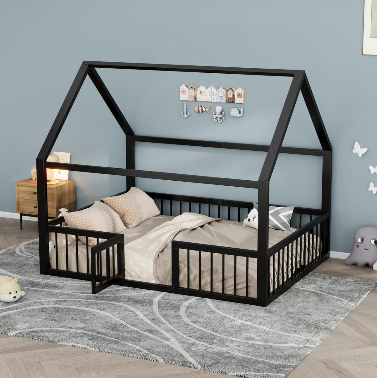 KINDERBETT 140/200 cm schwarz aus Metall mit Dach und Gitter - Schwarz, Metall (140/200cm) - OKWISH