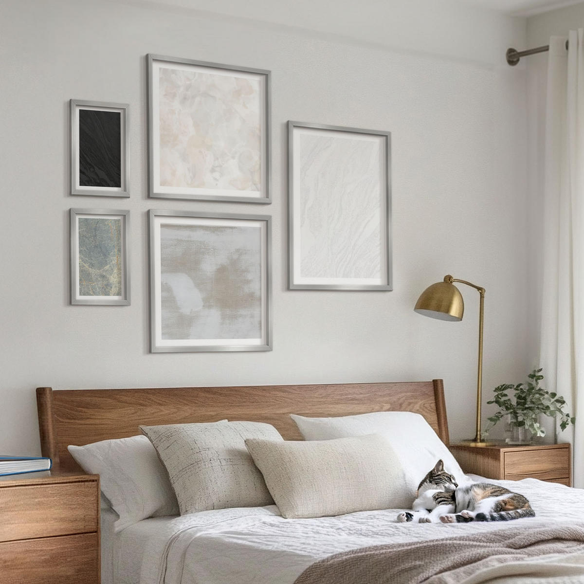BILDER SET 5er Set - 50x50 cm & 20x30 cm & 40x60 cm Silberner Rahmen - Steintexturen - Silberfarben, Kunststoff (40/60cm) - TULUP