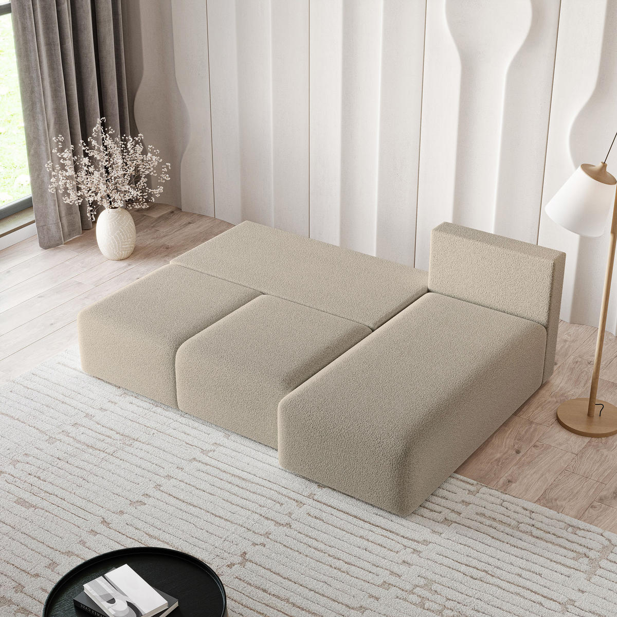 ECKSOFA TRAMA Beige Boucle-Stoff mit Schlaffunktion - Beige, Holz (200/143cm) - MASSENO