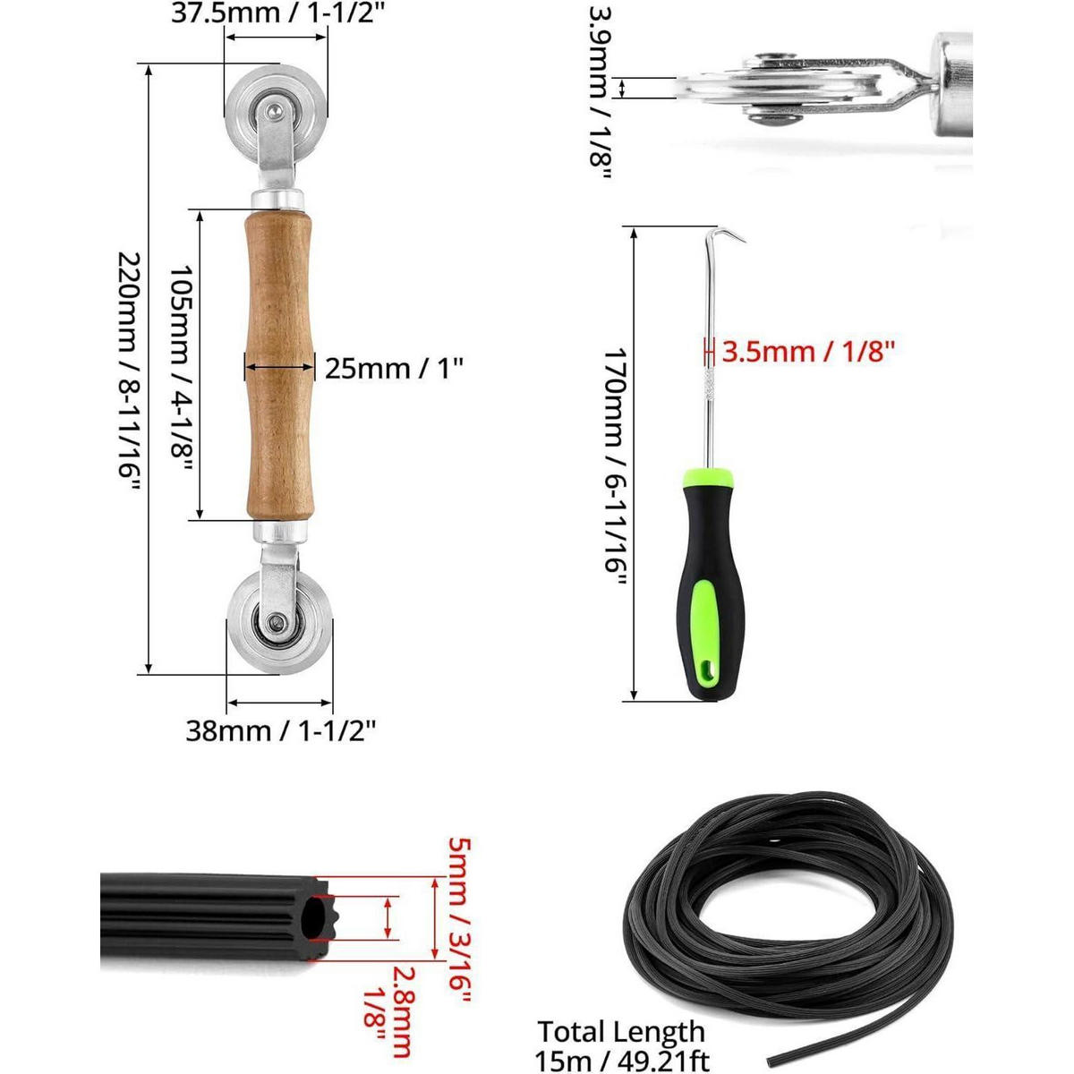 FLIEGENGITTER Reparatur Set 3-teilig mit Kedergummi 5 mm x 15 m - Schwarz, Metall (3.8/3.7/22cm)