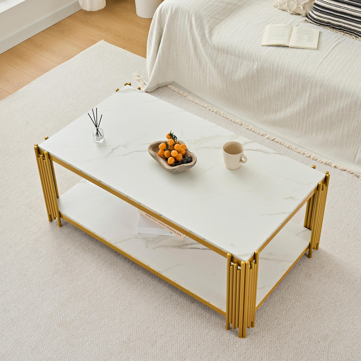 COUCHTISCH 114/64/46 cm weiß gold aus MDF mit 2 Ablagen - Weiß, Holzwerkstoff (114/64/46cm) - OKWISH