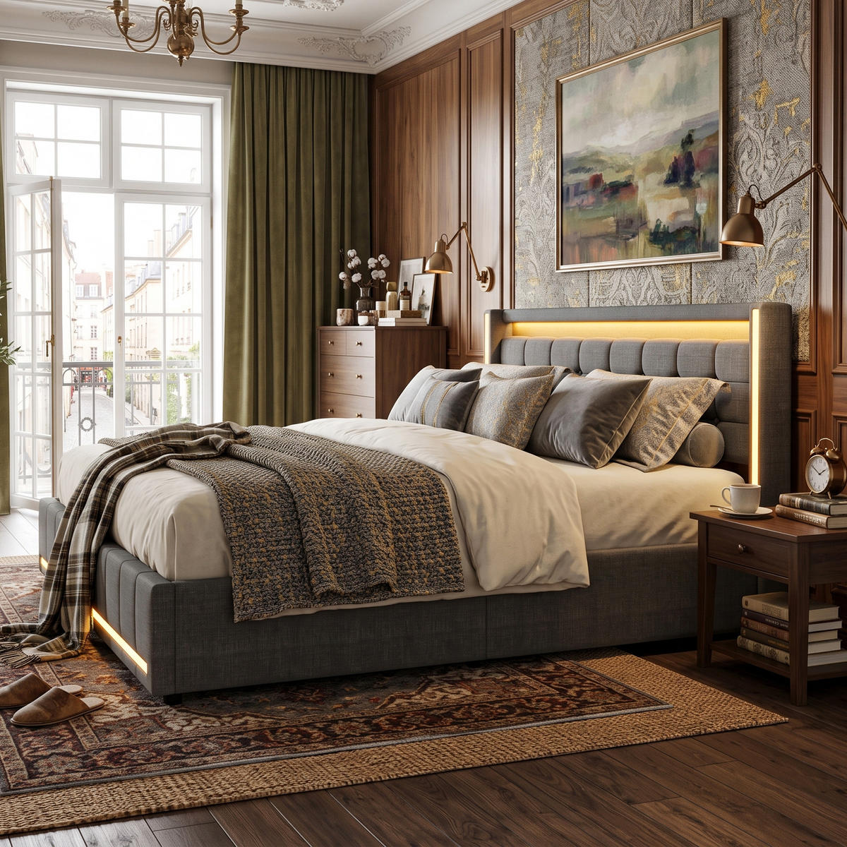 POLSTERBETT Geometrisch 180/200 cm mit 4 Schubladen & App-LED Leinenoptik Grau - Grau, Textil (180/200cm) - Creahappy