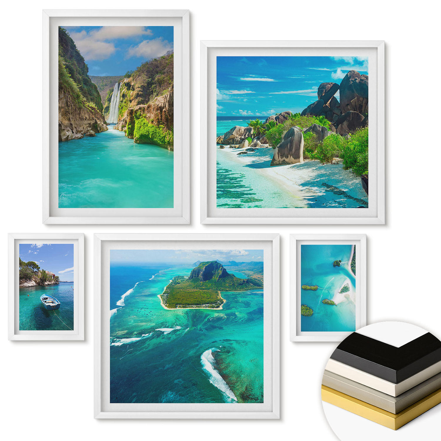 WANDBILDER 5er-Set - 50x50 cm & 20x30 cm & 40x60 cm Weißer Rahmen - Seeboote Hirsche Berge - Weiß, Kunststoff (40/60cm) - ArtPrintCave