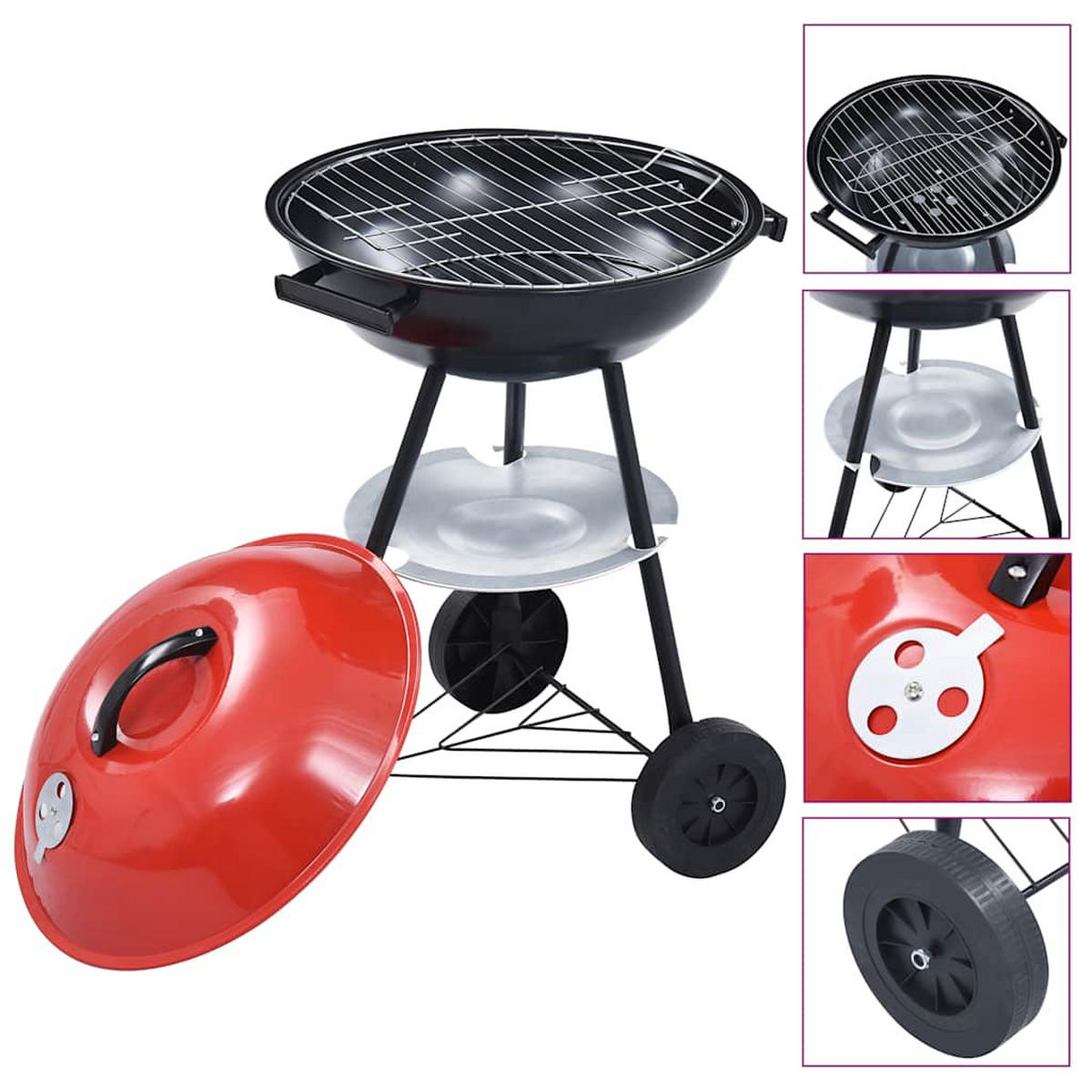 HOLZKOHLEGRILL Tragbar XXL Mit Rädern 44 Cm - Rot, Metall (44/75/44cm) - vidaXL