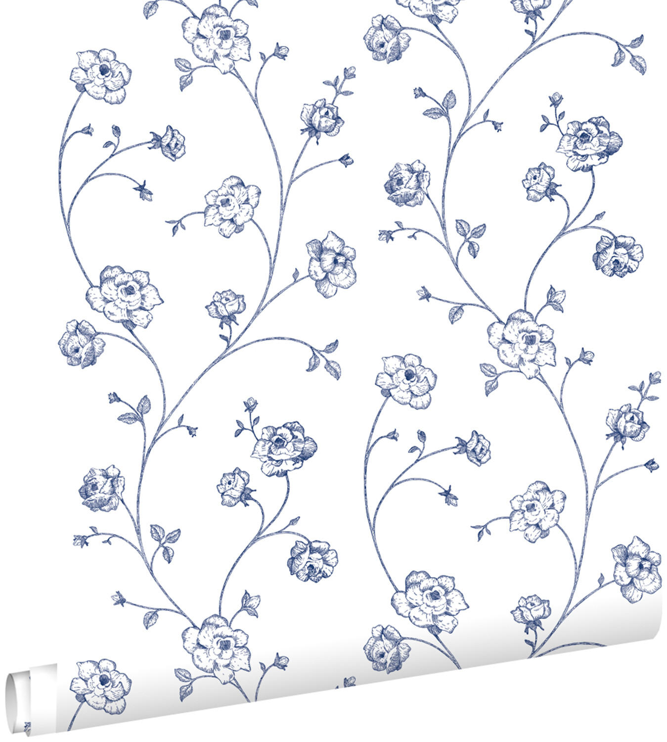 TAPETE Toile de Jouy Rosen 53 cm x 10.05 m - Blau, Papier (53/1000cm) - ESTAhome