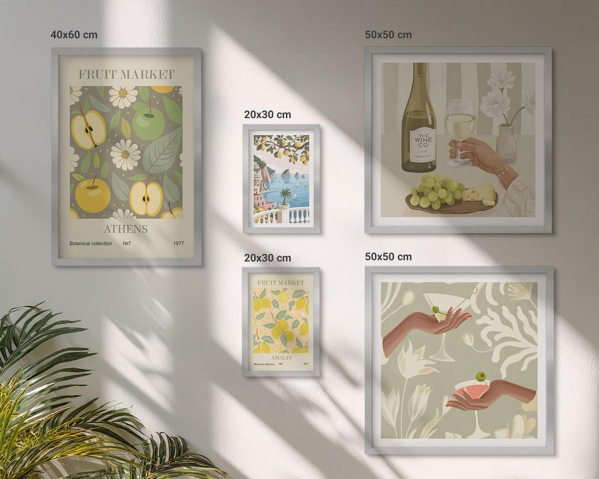 WANDBILDER 5er Set - 50x50 cm & 20x30 cm & 40x60 cm Silberner Rahmen - Vintage-Poster mit Fruchtmustern - Silberfarben, Kunststoff (40/60cm) - ArtPrintCave