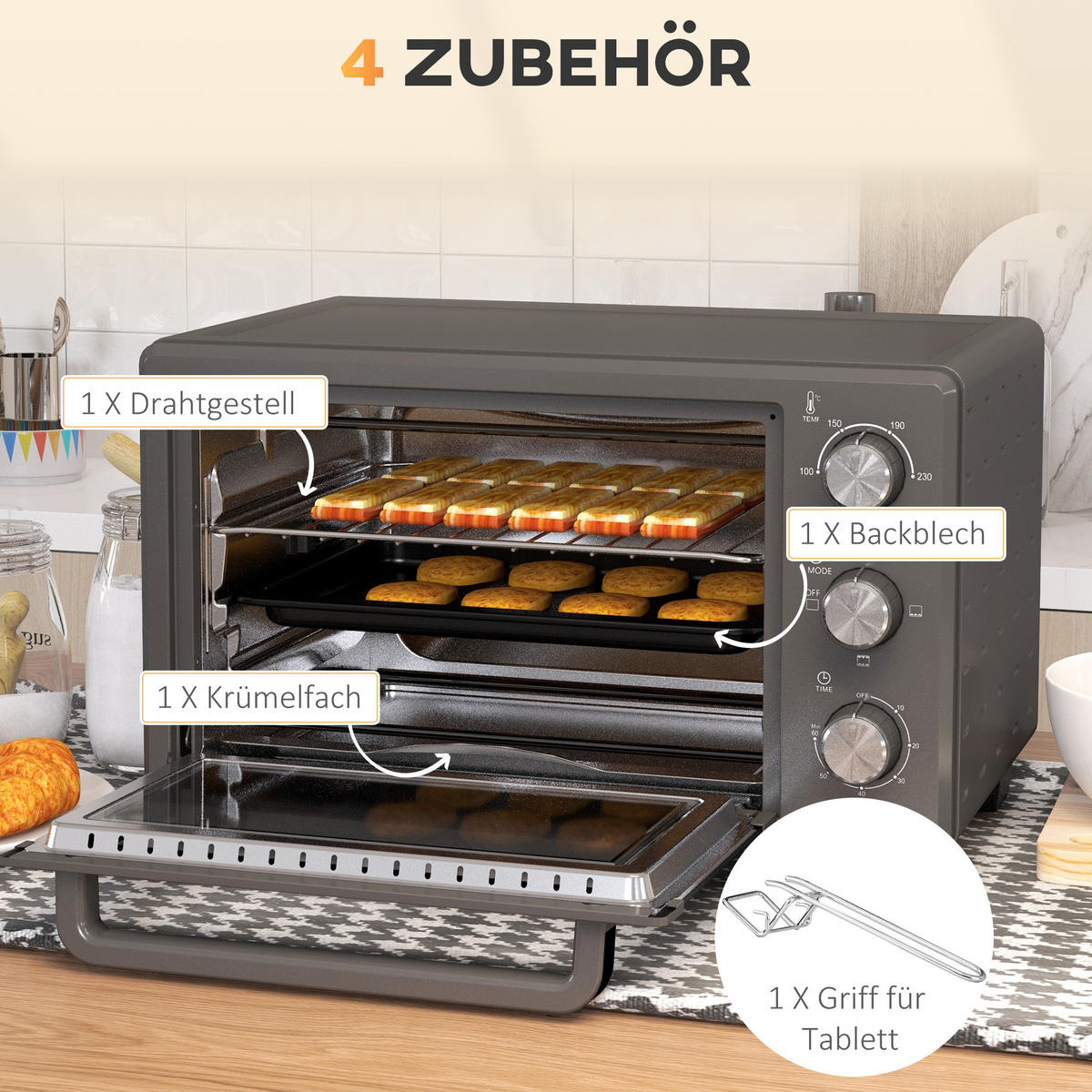 MINIBACKOFEN 21L 1400W Mini Ofen mit Backblech & Grillrost, 60 Min. Timer, Temperatur 100-230°C, Edelstahl, Grau - Grau, Metall (46/28.5/38cm) - Beaface