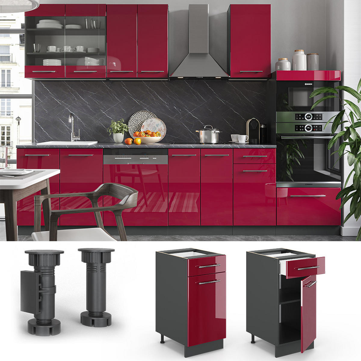 KÜCHENUNTERSCHRANK Fame-Line Bordeaux Hochglanz 40 cm, AP Eiche - Bordeaux/Anthrazit, Holzwerkstoff (40/82/60cm) - Vicco