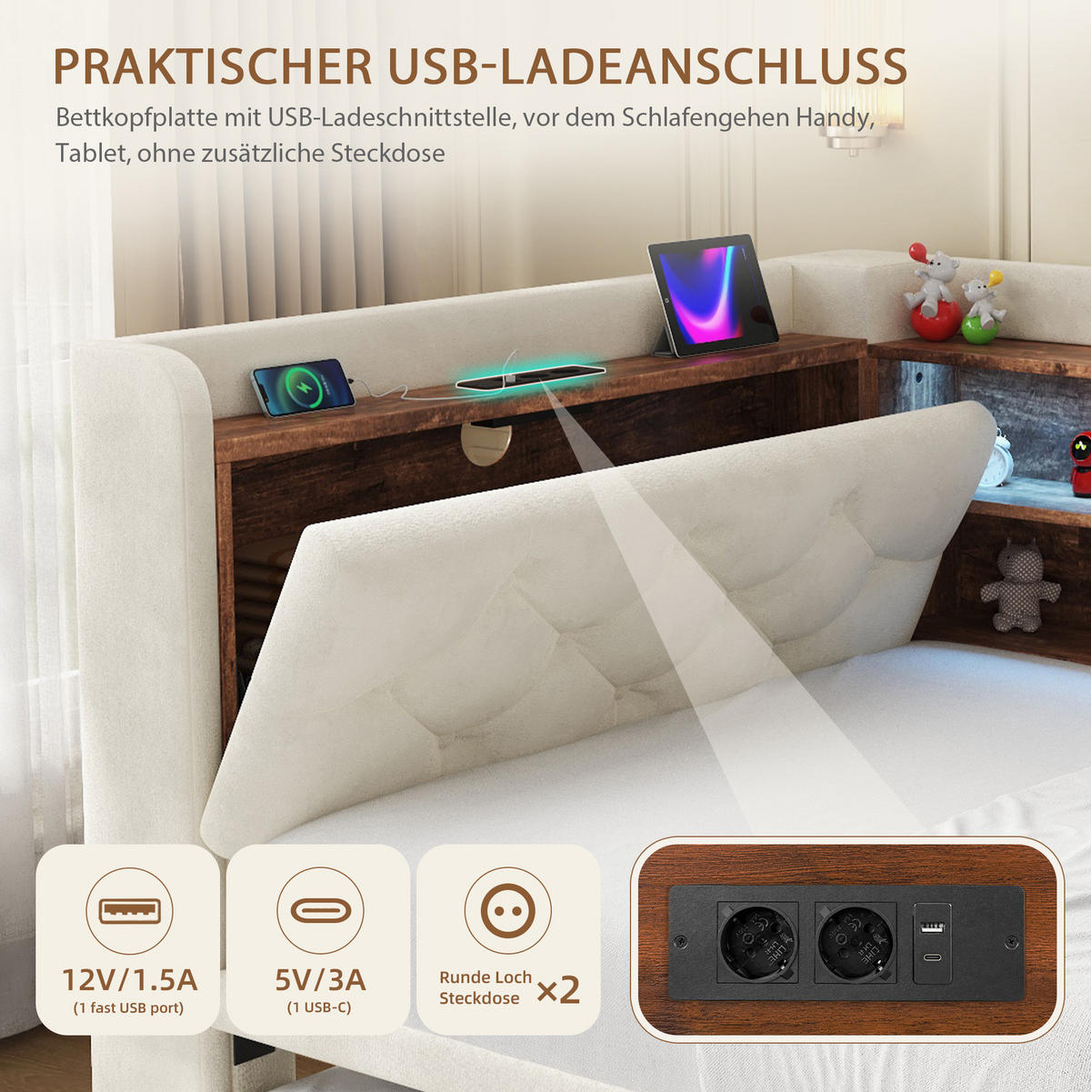 BETT 90/180×190 cm in Beige mit Stauraum, LED-Beleuchtung und USB- und Type-C-Anschlüssen - Beige, Textil (180/190cm) - Flora Grace