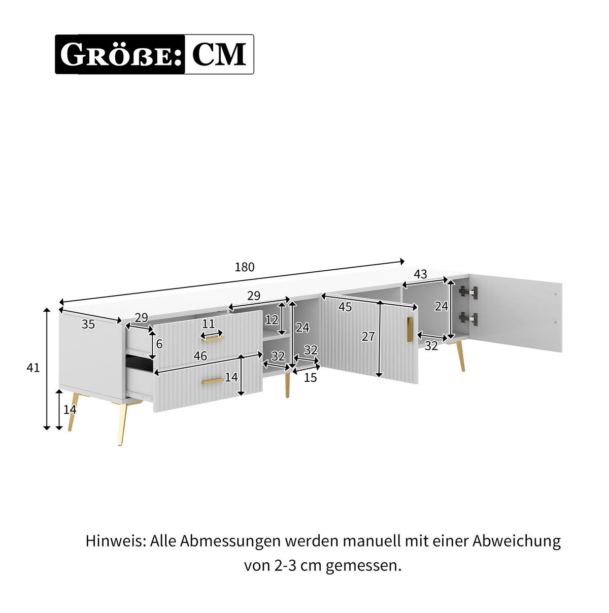 LOWBOARD 180/35/41 cm aus MDF mit 2 Schubladen und geriffelter Front Weiß - Weiß, Holzwerkstoff (180/44/35cm) - Modenvie