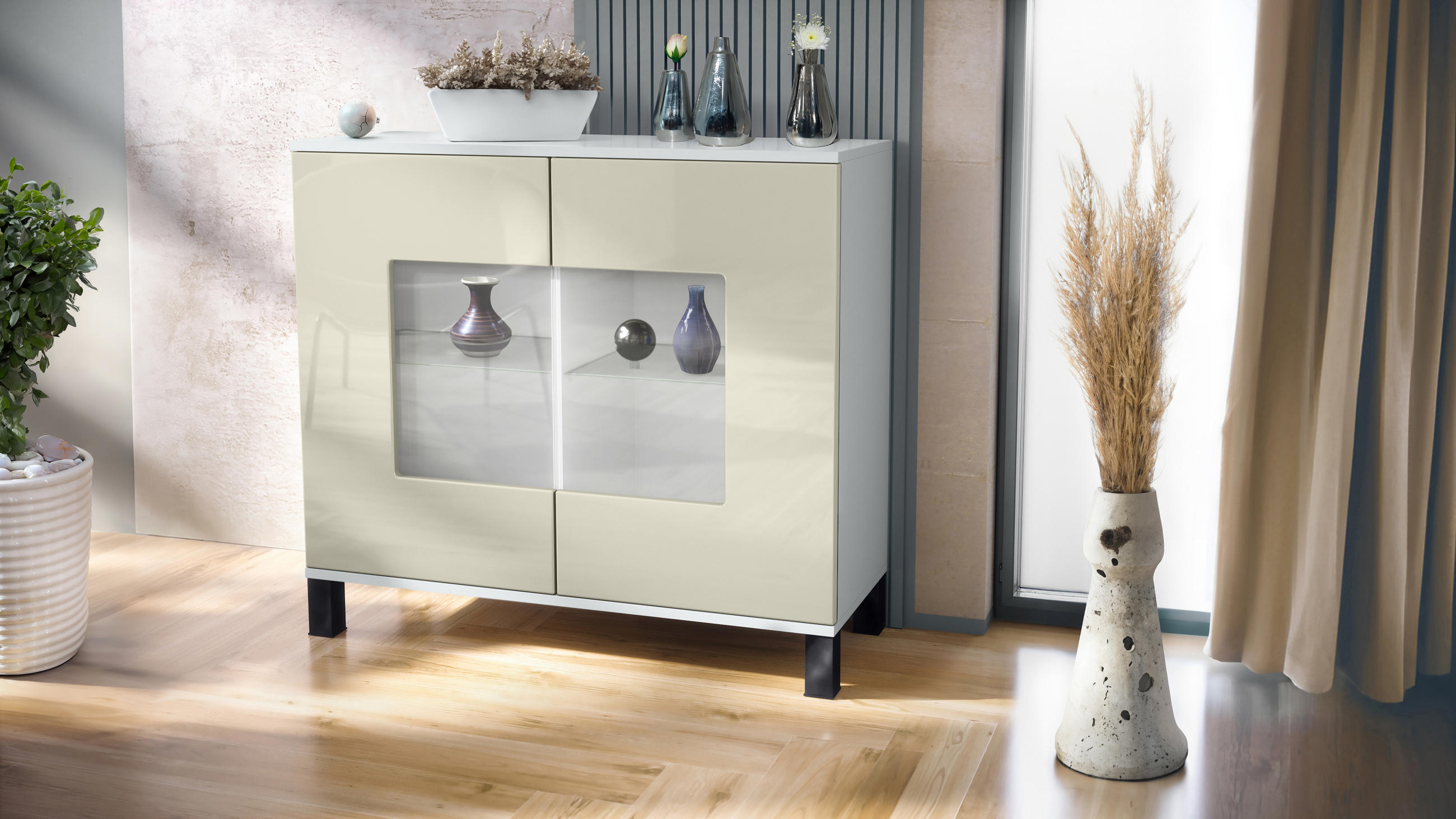 KOMMODE Grömitz Creme Hochglanz - Creme, Holzwerkstoff (92.5/84.5/35cm) - Vladon
