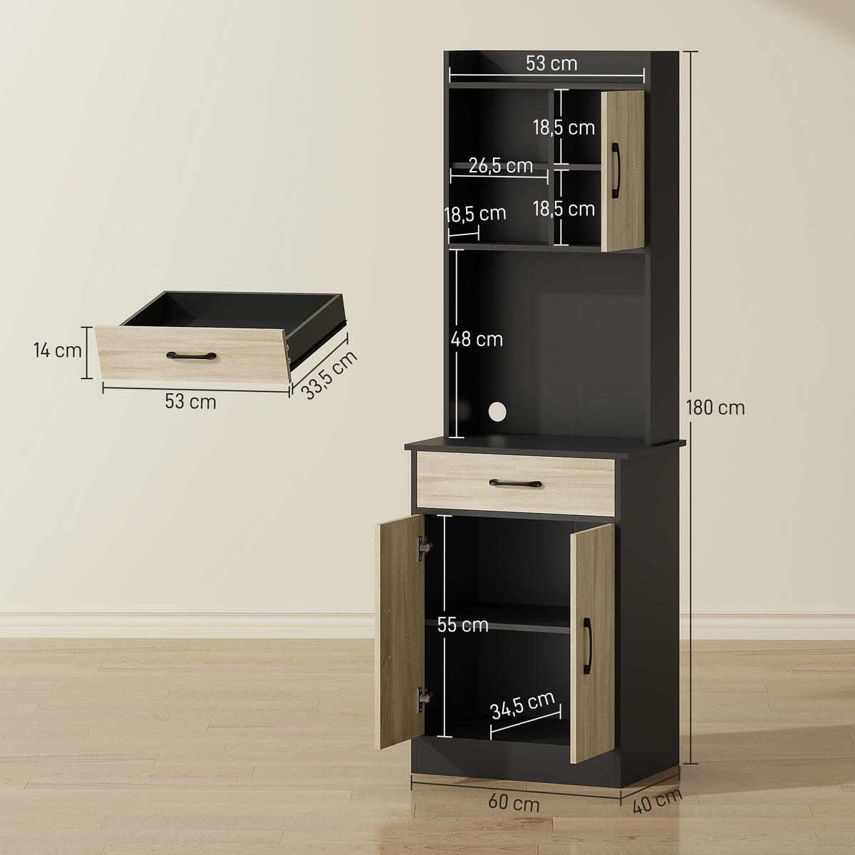 HIGHBOARD DE-11200 3 Türen Naturholz/Schwarz - Naturfarben, Holzwerkstoff (40/180/60cm) - ComfortXL