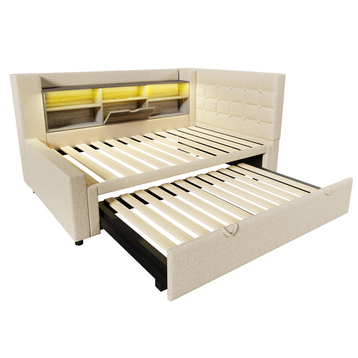 POLSTERBETT 90/200 cm aus Leinen mit Ausziehbett 90/190 cm, LED, USB-C, Stauraum und L-förmigem Kopfteil, Beige - Beige, Textil (90/200cm) - Redom