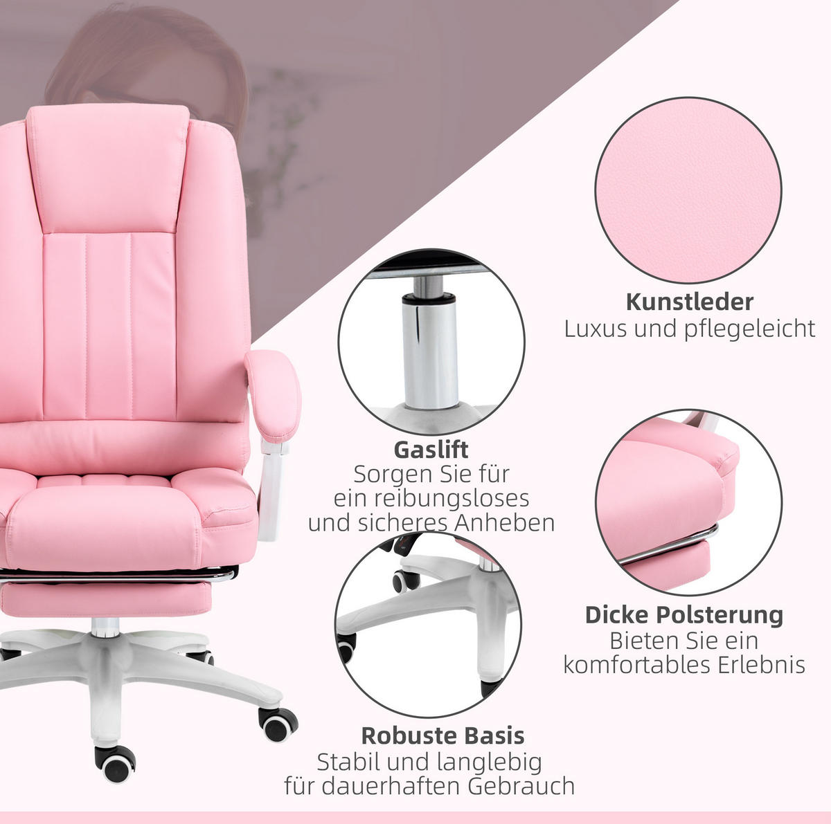 BÜROSTUHL in Rosa 68x65x116 cm mit Fußstütze und verstellbarer Rückenlehne - Rosa, Kunststoff (65/116/68cm) - IVMEU