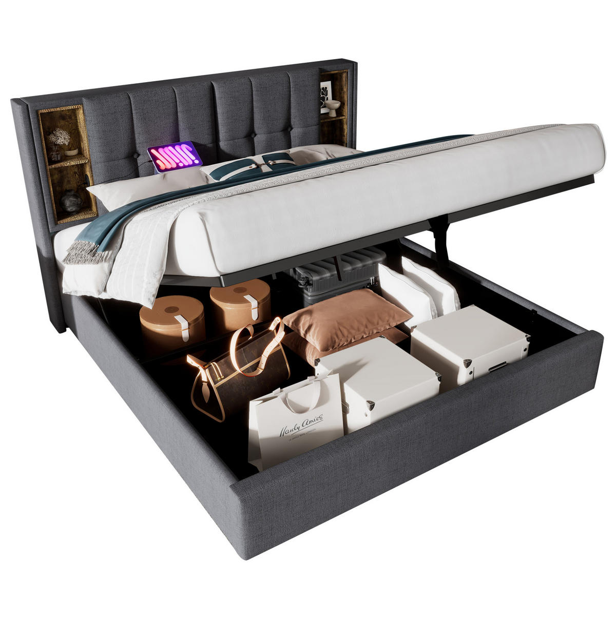 POLSTERBETT 160/200 cm Grau mit Stauraum und USB- & Type-C-Anschlüssen - Grau, Textil (160/200cm) - Flora Grace