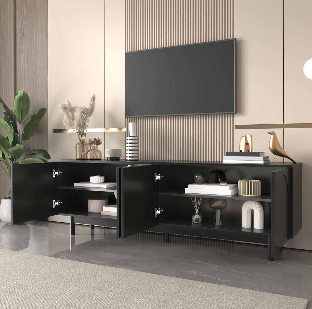 TV-LOWBOARD 175/38/56 cm mit 4 Türen und Push-to-Open-System - Schwarz, Holzwerkstoff (175/56/38cm) - BEAOK