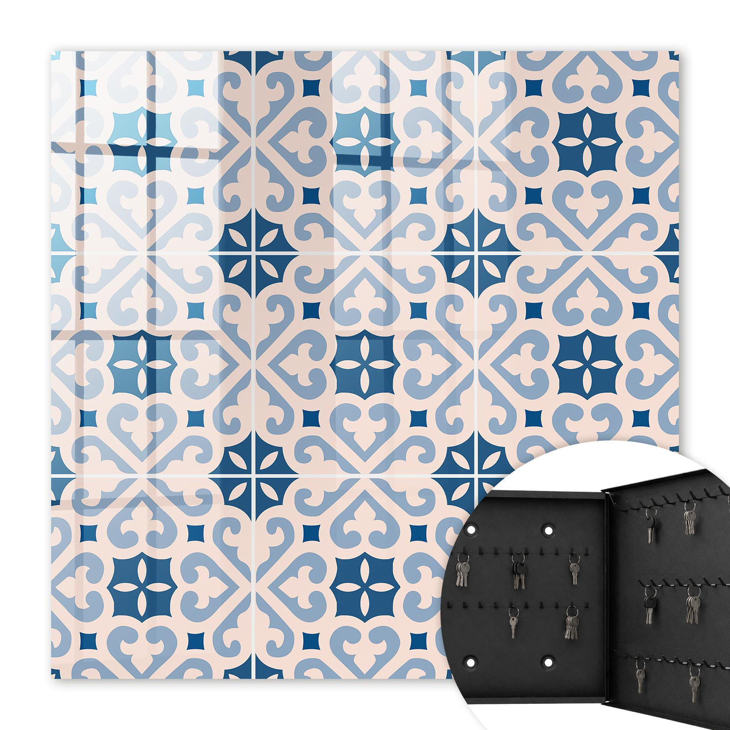 SCHLÜSSELBOX Schwarz 30x30 cm- Türöffnung nach rechts - Ornamentales Muster - Blau, Metall (30/30/5cm) - TULUP
