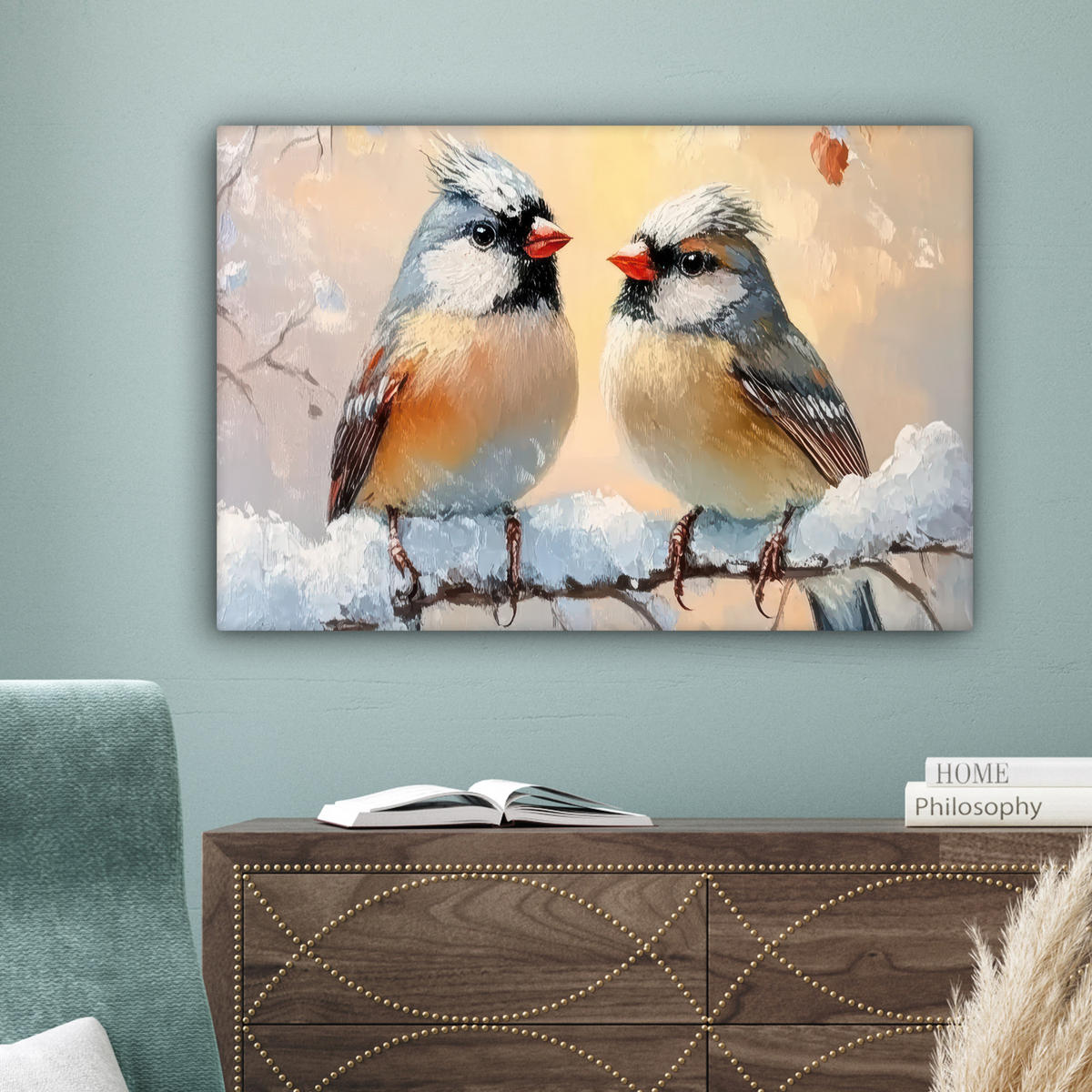 LEINWANDBILD Vögel - Zweig - Winter - Schnee Wanddeko 90x60 cm - Pastellblau, Textil (90/60cm) - MuchoWow