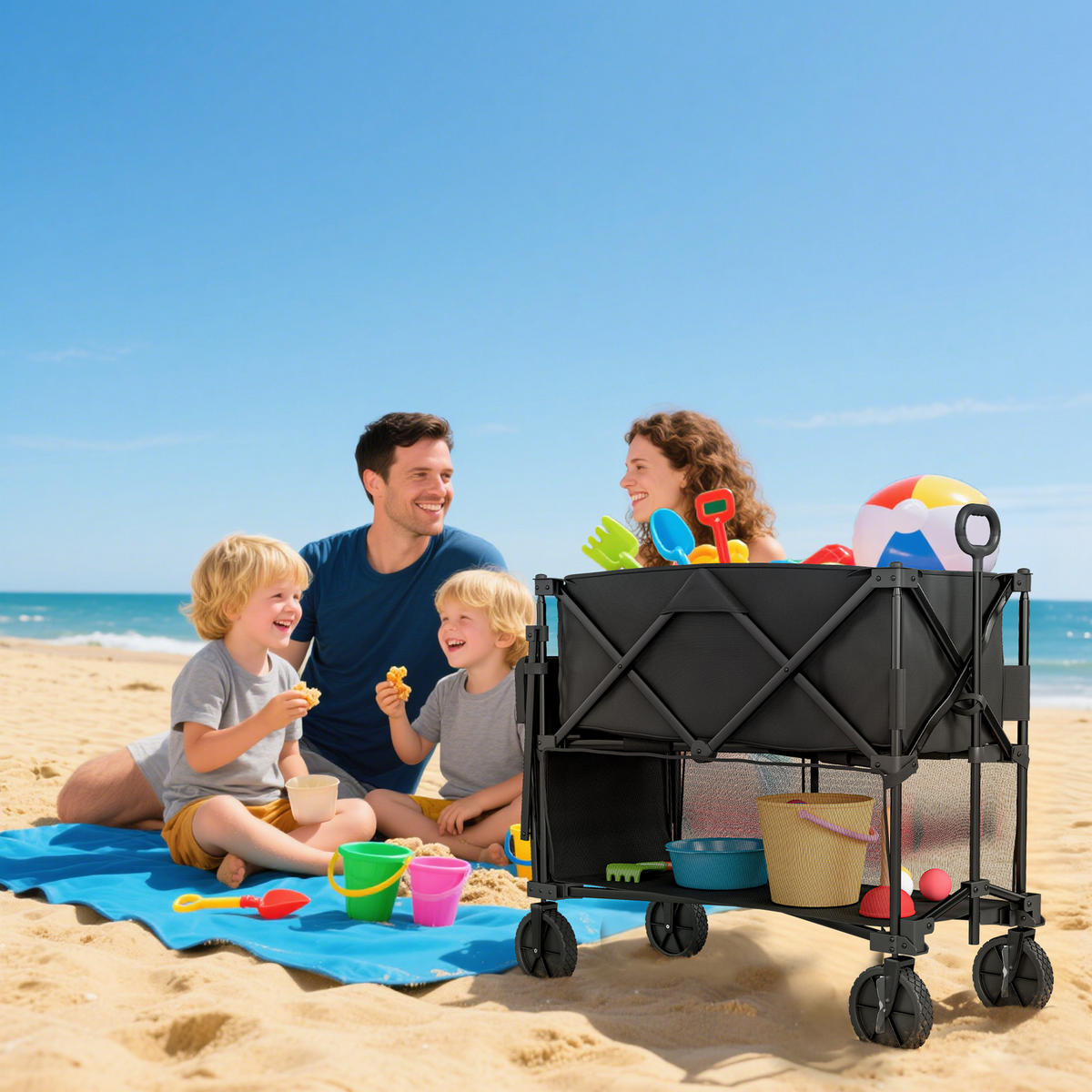 GARTENWAGEN DE-18767 2-stöckig, 350L & All-Terrain-Räder Schwarz - Schwarz, Metall (50/102/142cm) - ComfortXL