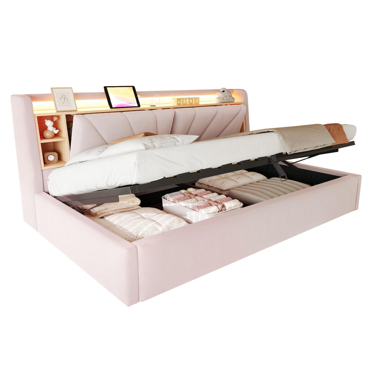POLSTERBETT 90*200 cm mit LED, USB und Stauraum, Rosa - Pink, Textil (90/200cm) - FLIEKS