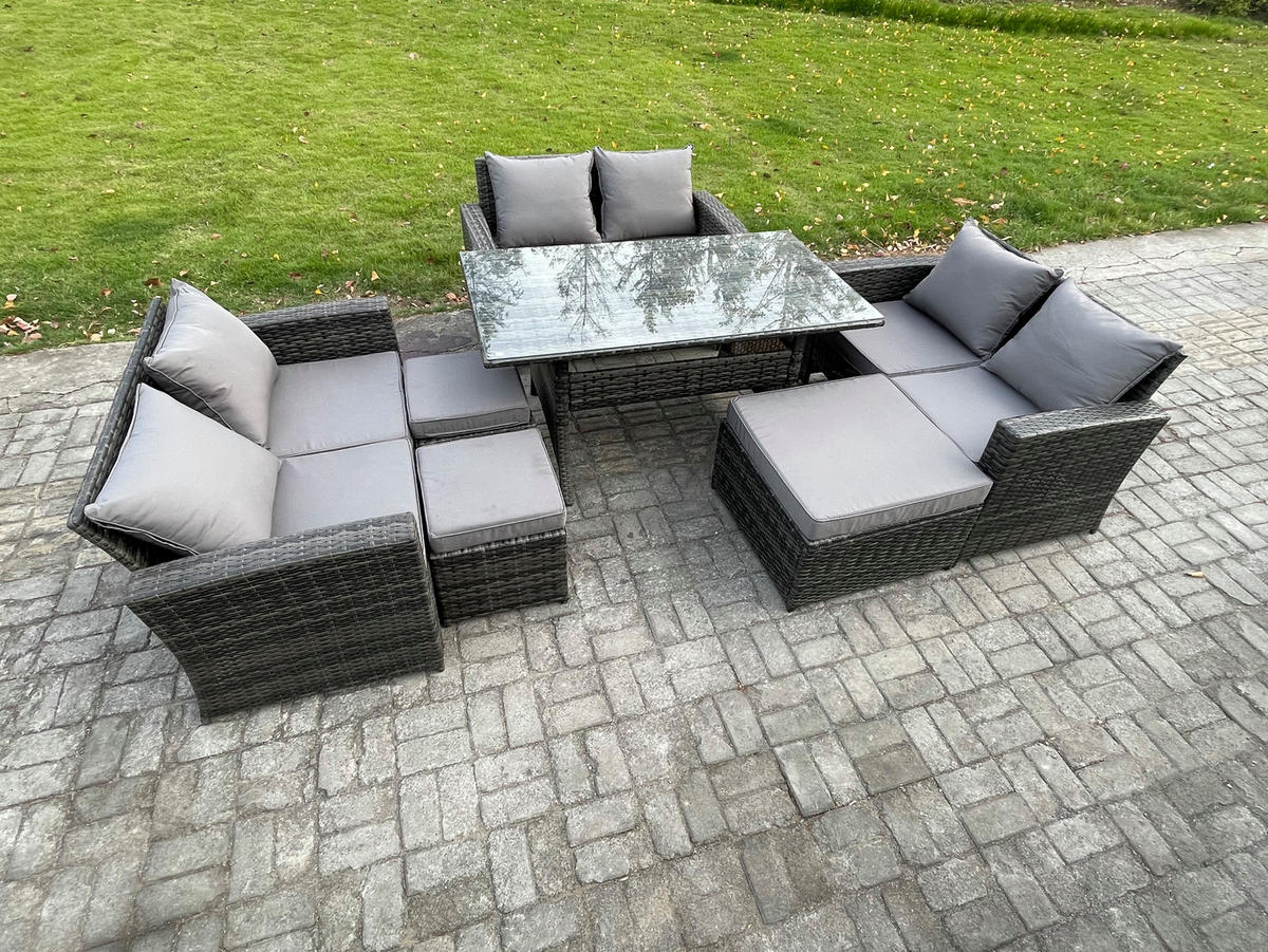 GARTENMÖBELSET mit Zweisitzer,3 Hockern,Esstisch Polyrattan Dunkelgrau 9-Sitzer - Dunkelgrau/Grau, Glas/Kunststoff - Fimous