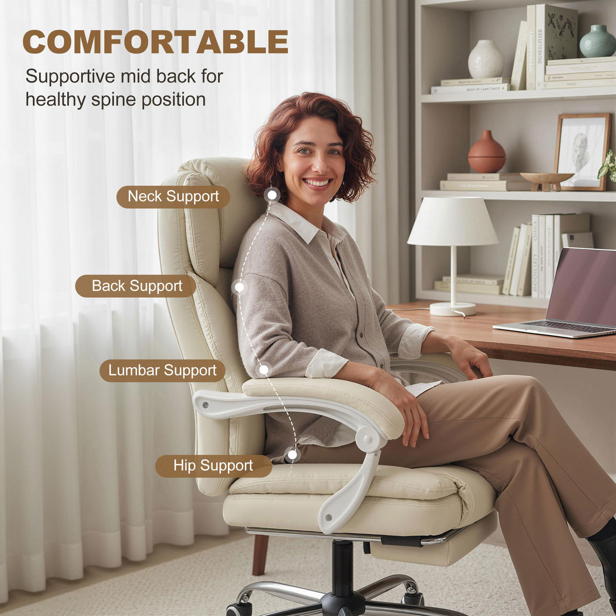 BÜROSTUHL mit Liegefunktion, höhenverstellbar Drehstuhl mit Fußstütze Beige - Beige/Silberfarben, Holzwerkstoff/Kunststoff (64/120/73cm) - HOMCOM