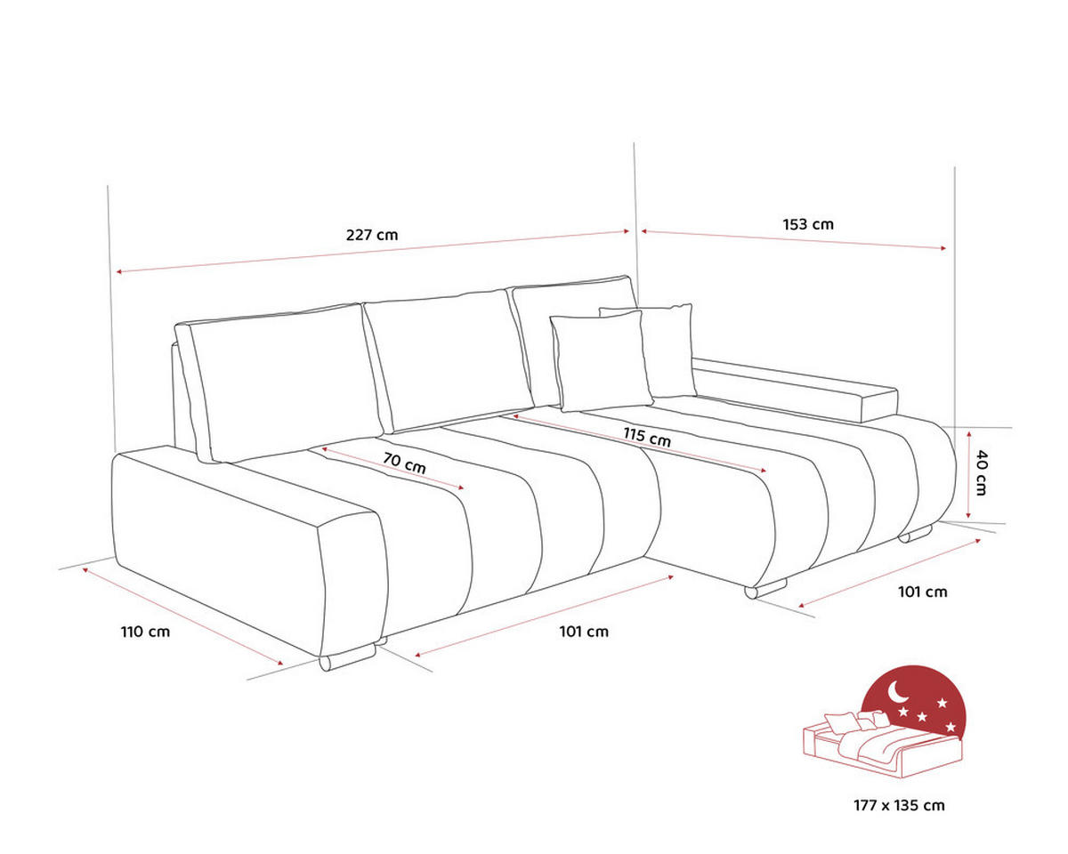 ECKSOFA NIKO Rechts, mit Schlaffunktion und Bettkasten, Rosa - Rosa, Textil (227/153cm) - Idohome